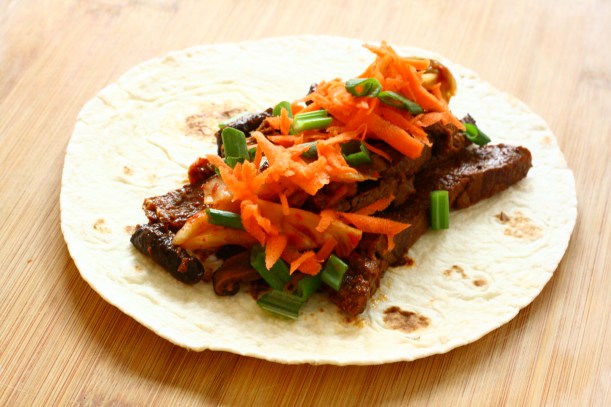 korean steak & mushroom tacos with kimchi | doughseedough.net