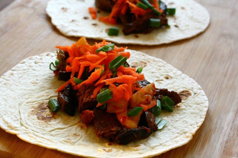 korean steak & mushroom tacos with kimchi | doughseedough.net