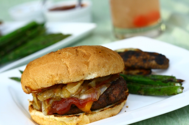 whiskey bbq burgers with caramelized onions & cheddar | doughseedough.net