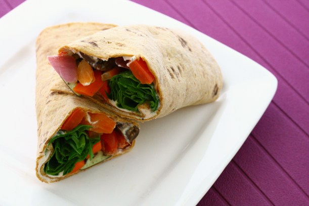 Roasted Veggie Wraps with Goat Cheese Yogurt Spread | doughseedough.net