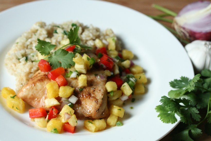 Pineapple Chicken with Fresh Pineapple Salsa and Cilantro Rice | doughseedough.net