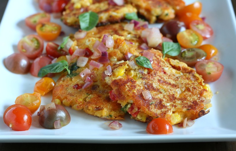 Cheesy Sweet Corn Fritters with Sauteed Tomatoes | doughseedough.net