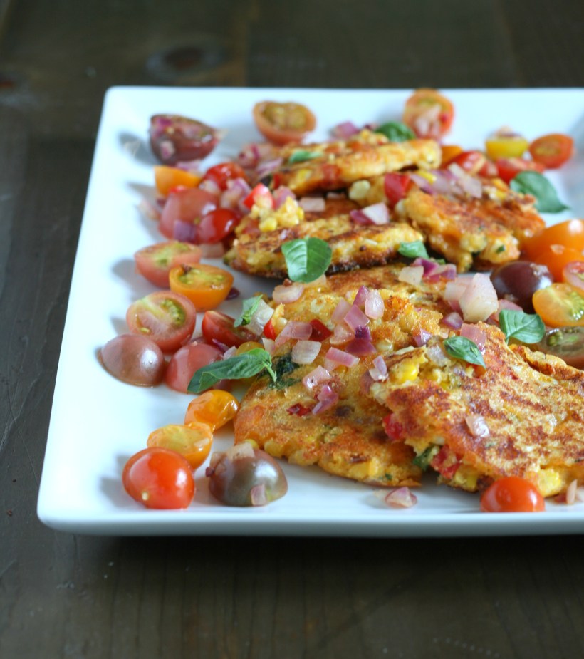 Cheesy Sweet Corn Fritters with Sauteed Tomatoes | doughseedough.net