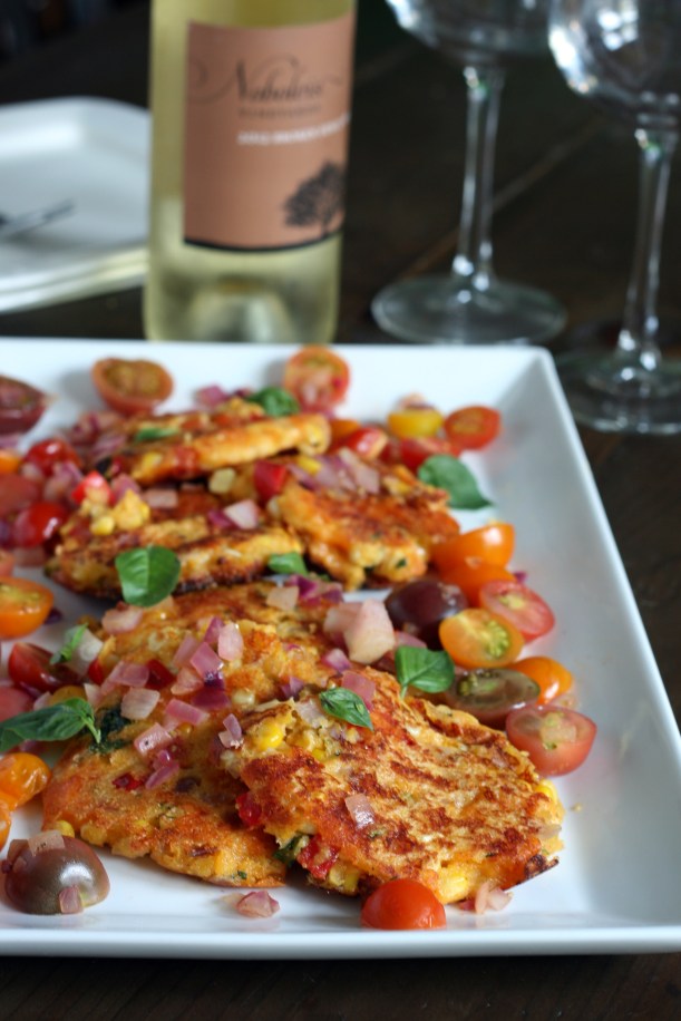 Cheesy Sweet Corn Fritters with Sauteed Tomatoes| doughseedough.net